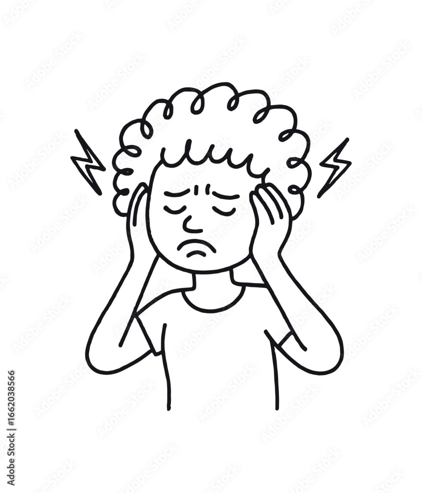 Obraz premium Doodle line comic style vector illustration African girl with curly hair headache holding head with pain black outline simple imperfect lines minimal details isolated on white