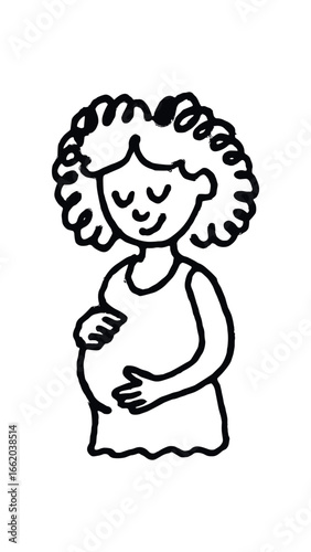 Doodle line comic style vector illustration African girl with curly hair holding pregnant belly black outline simple imperfect lines minimal details isolated on white