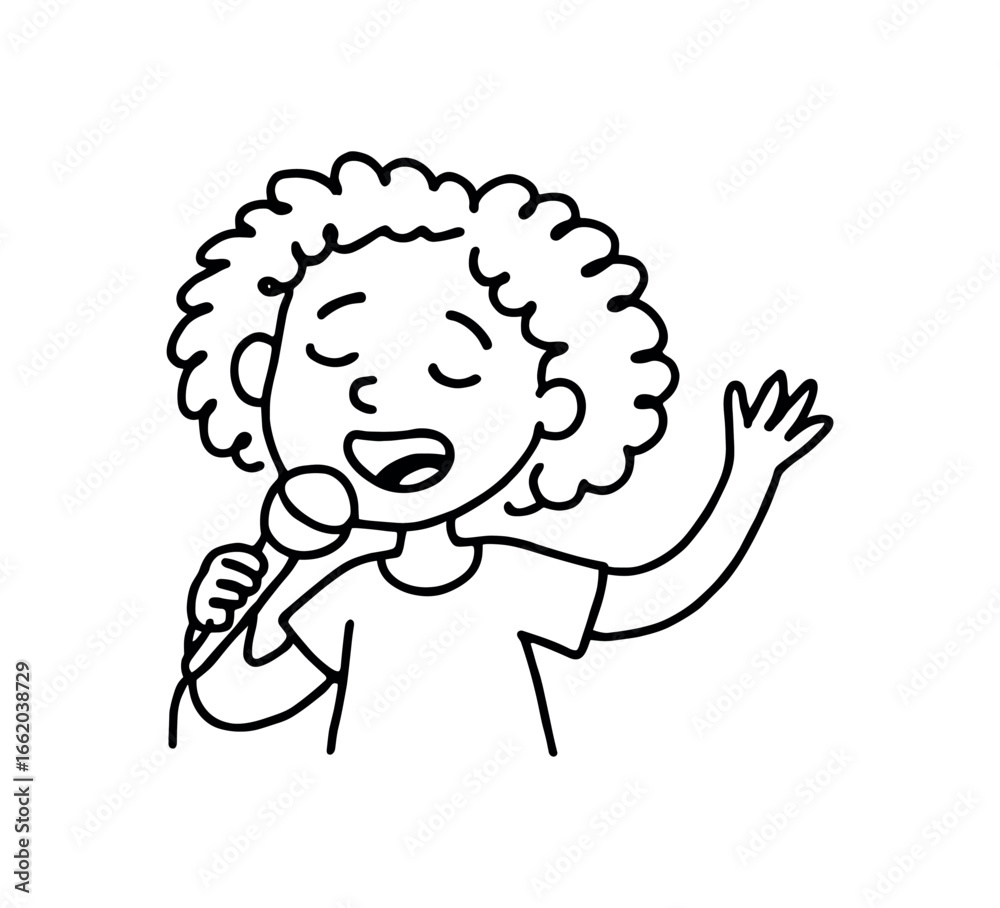 Fototapeta premium Doodle line comic style vector illustration African girl with curly hair singing karaoke with microphone black outline simple imperfect lines minimal details isolated on white