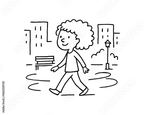 Doodle line comic style vector illustration African girl with curly hair walking on city black outline simple imperfect lines minimal details isolated on white