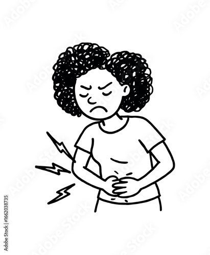 Doodle line comic style vector illustration African girl with curly hair suffering period pain holding stomach black outline simple imperfect lines minimal details isolated on white