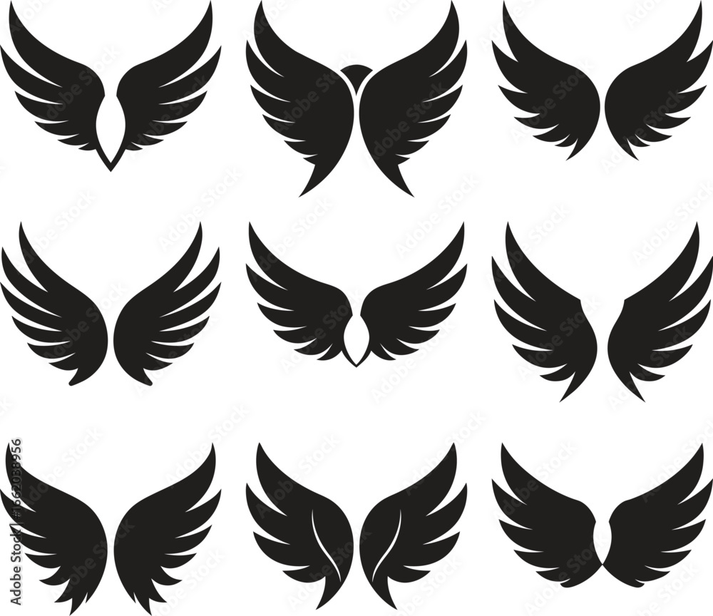 Fototapeta premium Nine Black Wing Vector Designs for Graphic Use
