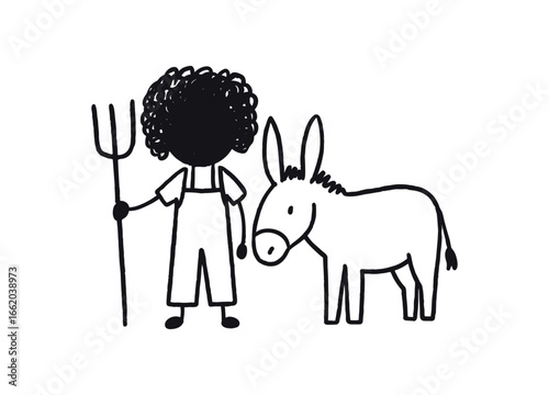 Doodle line comic style vector illustration African girl with curly hair farmer with black outline simple imperfect lines minimal details isolated on white