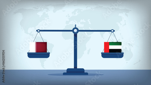 Balance Scale with UAE vs Qatar Flags , International Relations and Global Trade Concept Vector
