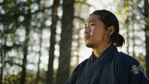Ainu Man in Traditional Attus Robe Outdoors with Forest Background