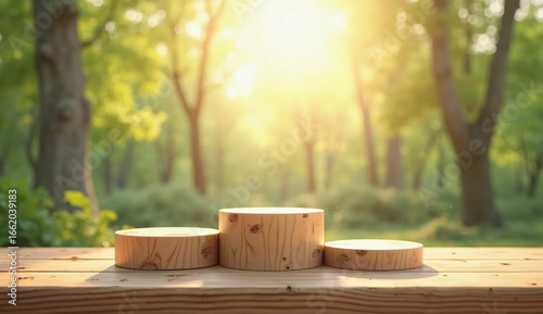 Natural Wooden Podiums in Forest with Sunlight Rustic Outdoor Display Background