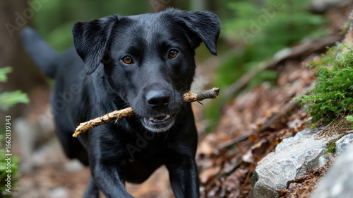 Wallpaper Mural A beautiful black dog confidently trotting along a nature trail while holding a stick in its mouth, embodying the joy of exploration and the great outdoors in a lively way. Torontodigital.ca