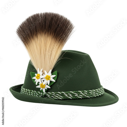 Traditional alpine hat with feather and edelweiss decoration in green felt transparent background