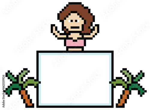 Pixel art cute cartoon two piece character woman bikini swimming suit summer beach vacation decor blank board lifestyle female bikini 2 piece 8 bit holiday relax pixel art png vector.