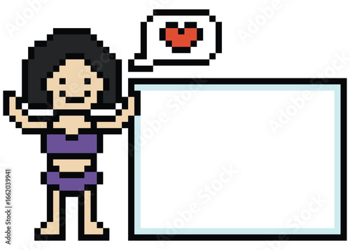 Pixel art cute cartoon two piece character woman bikini swimming suit summer beach vacation decor blank board lifestyle female bikini 2 piece 8 bit holiday relax pixel art png vector.