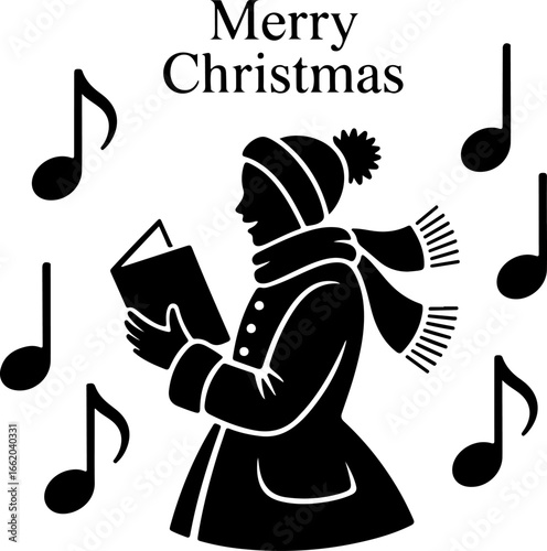 minimal black silhouette of a Christmas caroler singing with an open mouth, holding a songbook in both hands