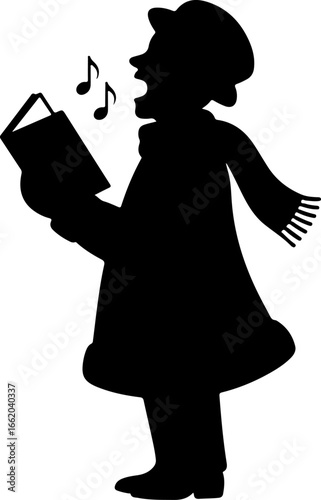 minimal black silhouette of a Christmas caroler singing with an open mouth, holding a songbook in both hands