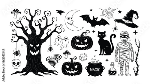Halloween Spooktacular: Embrace the enchantment of Halloween with this illustration capturing iconic symbols like spooky trees, smiling moon, bats, spiders, haunted houses and whimsical witches.