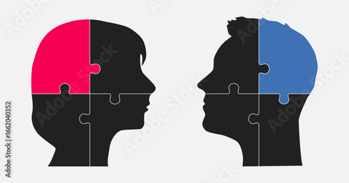 Head woman and man made puzzle pieces, brain, idea