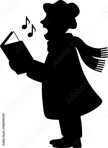minimal black silhouette of a Christmas caroler singing with an open mouth, holding a songbook in both hands