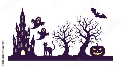 Haunted Silhouette: A spooky Halloween scene unfolds against the backdrop of a stark, minimalist design, featuring a haunted castle, eerie ghosts, a sleek black cat, menacing trees.