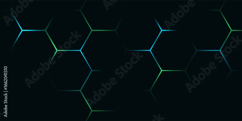 Dark hexagon abstract technology background with blue and green colored bright flashes under hexagon. Hexagonal gaming vector tech illustration black abstract modern