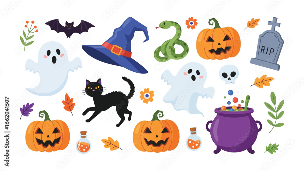 Naklejka premium Halloween Icons: A collection of Halloween icons and illustrations, featuring pumpkins, ghosts, a witch's hat, a cauldron, and other spooky symbols, perfect for holiday-themed designs.