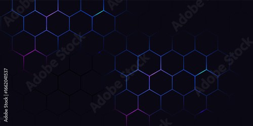 Dark hexagon abstract technology background with blue and pink colored bright flashes under hexagon. Hexagonal gaming vector abstract