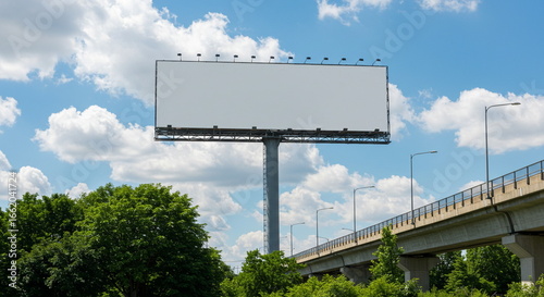 Blank Billboard Mockup Against Blue Sky and Highway Overpass