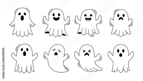 Spooky Specters: A captivating collection of adorable, cartoonish ghosts expressing a range of emotions, from cheerful joy to eerie sadness, perfectly embodying the spirit of Halloween.