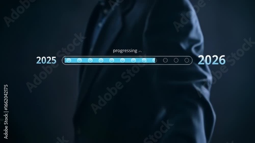 A person in a dark suit touches a progress bar between 2025 and 2026