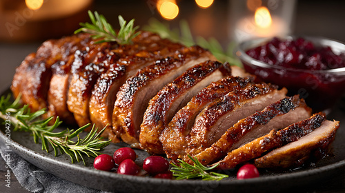 Fototapeta Naklejka Na Ścianę i Meble -  Sliced roast with cranberry sauce on a dark plate.