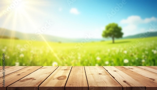 Sunny Wooden Deck Overlooking Green Meadow Landscape Bright Outdoor Background