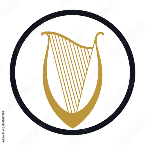 Guinness Harp Logo Symbolizing Irish Heritage and Cultural Identity Encapsulated in a Modern Circular Design with Elegant Gold Harp and Dark Blue Border on a White Background