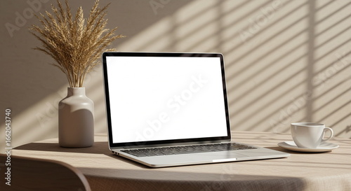 Laptop Mockup with Coffee and Pampas Grass in Minimalist Interior