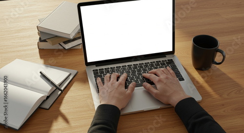 Laptop with Blank Screen on Wooden Desk, Remote Work Setup