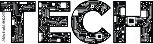 Technology Word Concept Made of Circuit Board Letters Black and White Design Illustration