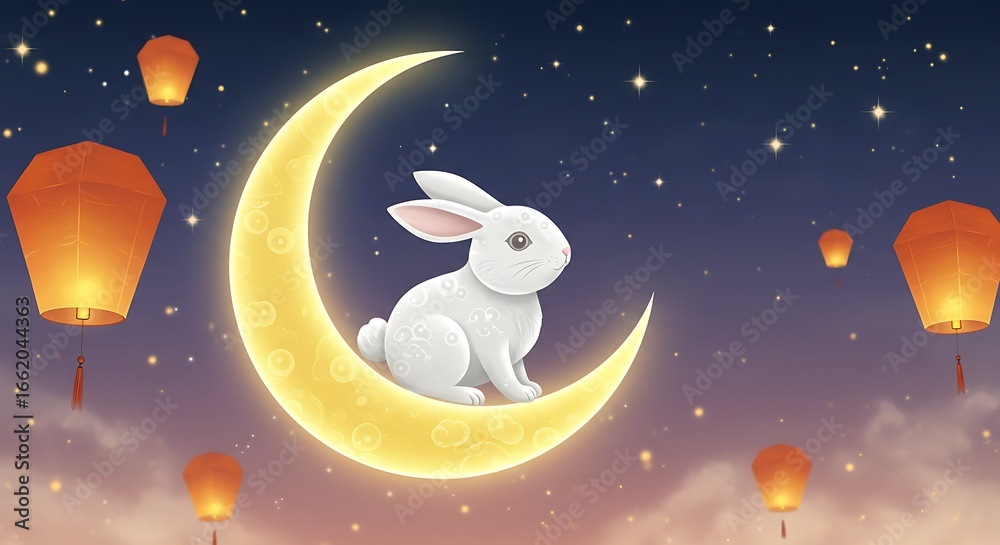 Fototapeta premium Artistic Mid Autumn Festival Rabbit on Crescent Moon Illustration Design