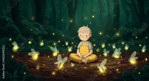 Serene Child Watching Glowing Fireflies in a Magical Forest