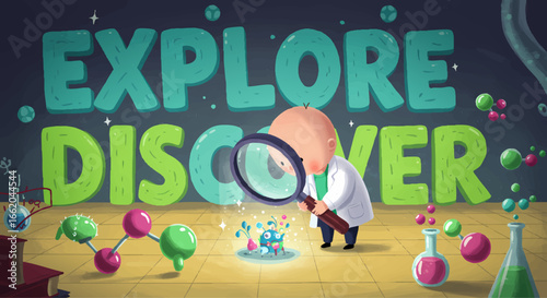 Child Scientist Exploring with Magnifying Glass and Chemicals