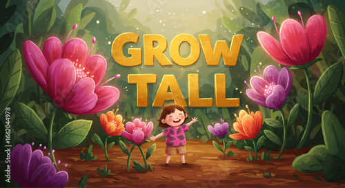 Happy Child Among Giant Colorful Flowers with GROW TALL