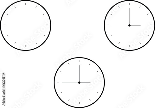 Three analog clocks showing different times isolated on white background time management