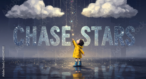 Child Chasing Dreams and Stars Under a Magical Sky