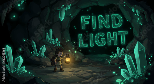 Child with Lantern Finding Light in a Glowing Crystal Cave
