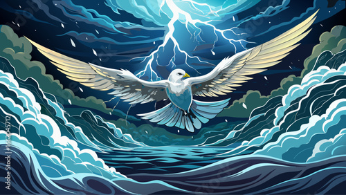 Amid stormy sea, thunder echoes, lightning shatters, a single dove flying overhead glides gracefully, embodying peace within chaos, shadows tremble, radiant stillness