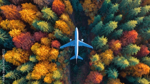 airplane above autumn forest colors
