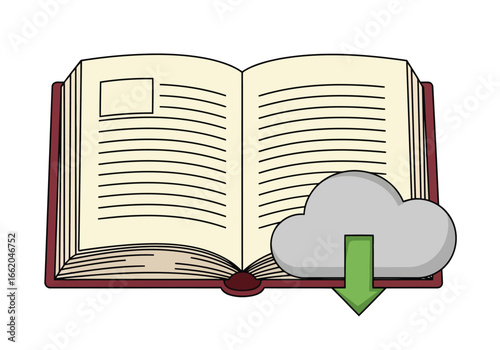 Vector illustration of open book with cloud download icon, representing digital information storage and online learning