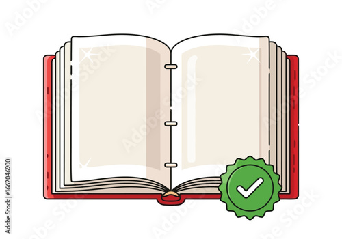 Vector illustration of open book with a green checkmark badge indicating approval or verification