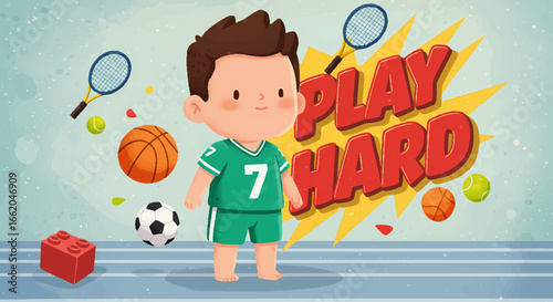 Little boy playing hard with sports balls and tennis rackets