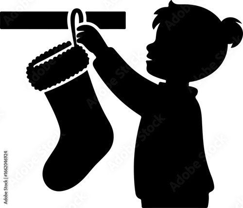 minimal black silhouette of a person or child hanging a Christmas stocking on a fireplace mantel