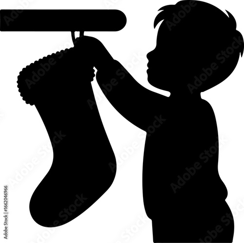 minimal black silhouette of a person or child hanging a Christmas stocking on a fireplace mantel