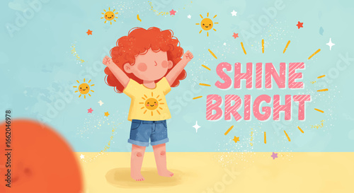 Little girl shining bright surrounded by happy suns and stars