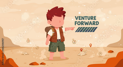 Little boy venturing forward with backpack map and compass