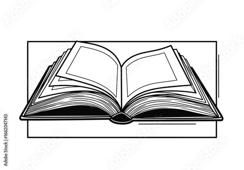 Vector illustration of detailed black and white illustration of an open book on a surface, representing knowledge and learning