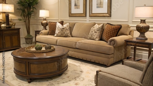 earth tone style sofa and pillows with round center